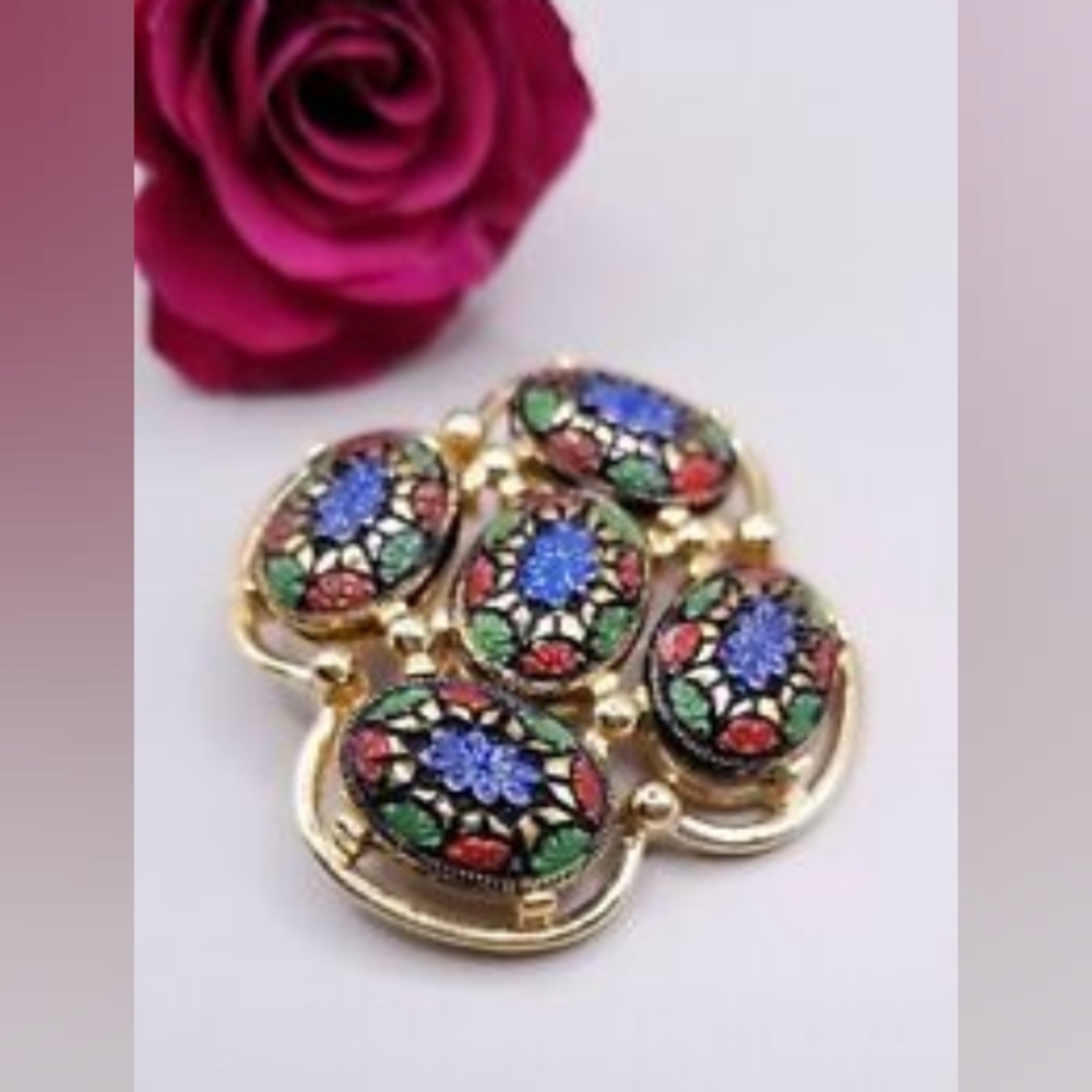 Vintage Sarah Coventry LIGHTS OF THE EAST Glass Mosaic Cabochon Brooch Pin